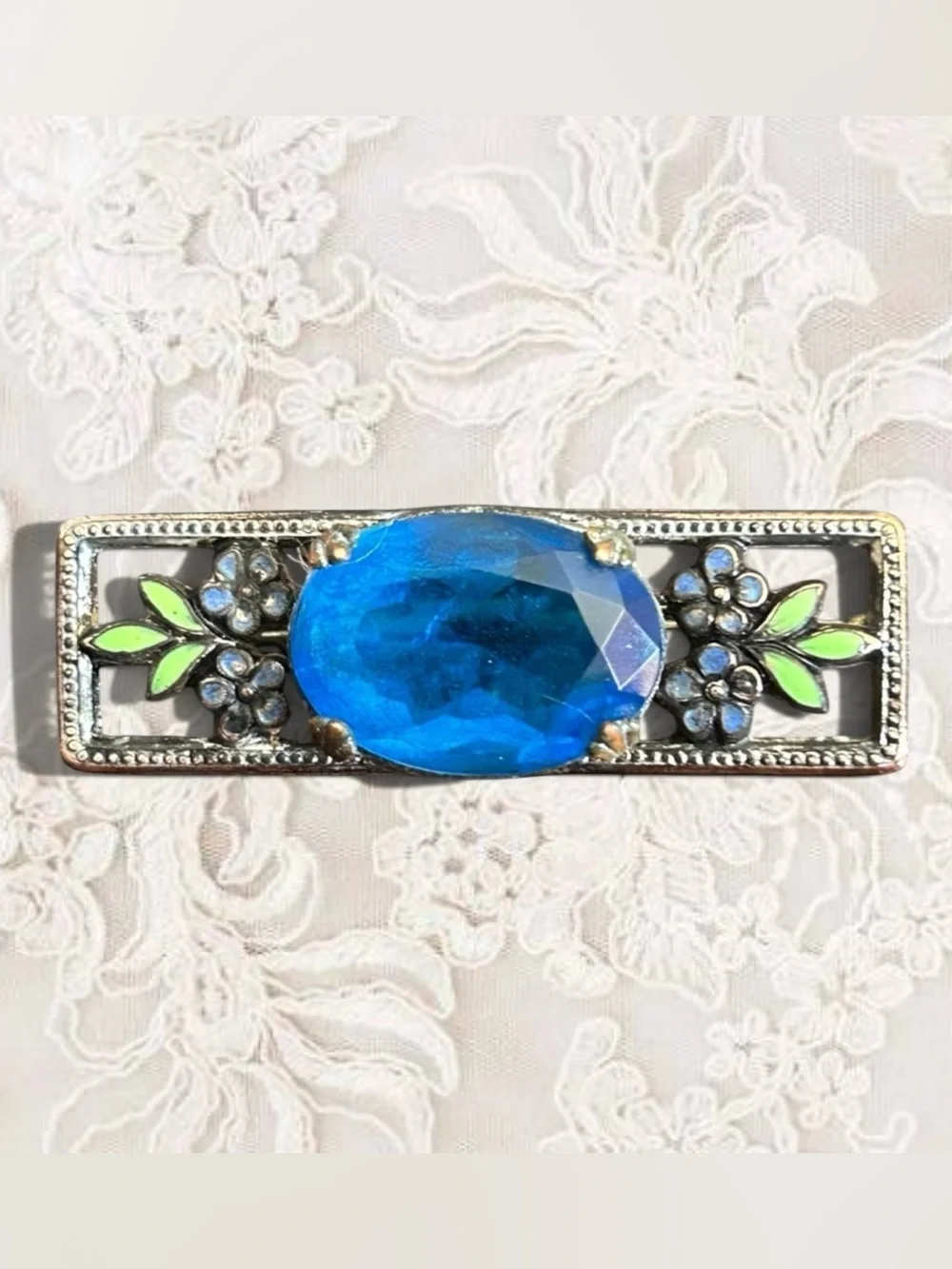 Art Deco Cobalt Blue Glass and Floral Enamel Bar Pin